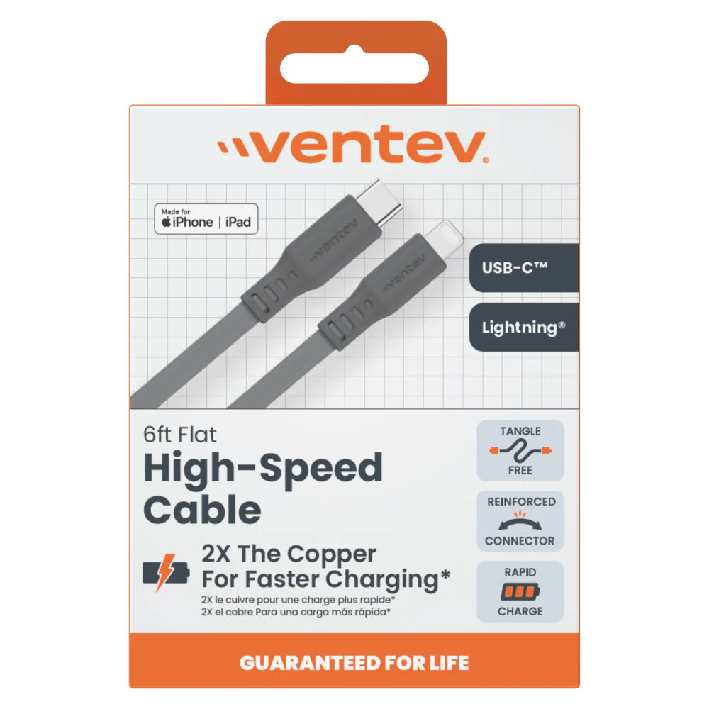 Ventev Flat USB-C to Apple Lightning High Speed Tangle-Free 6 Foot Cable - Image 7