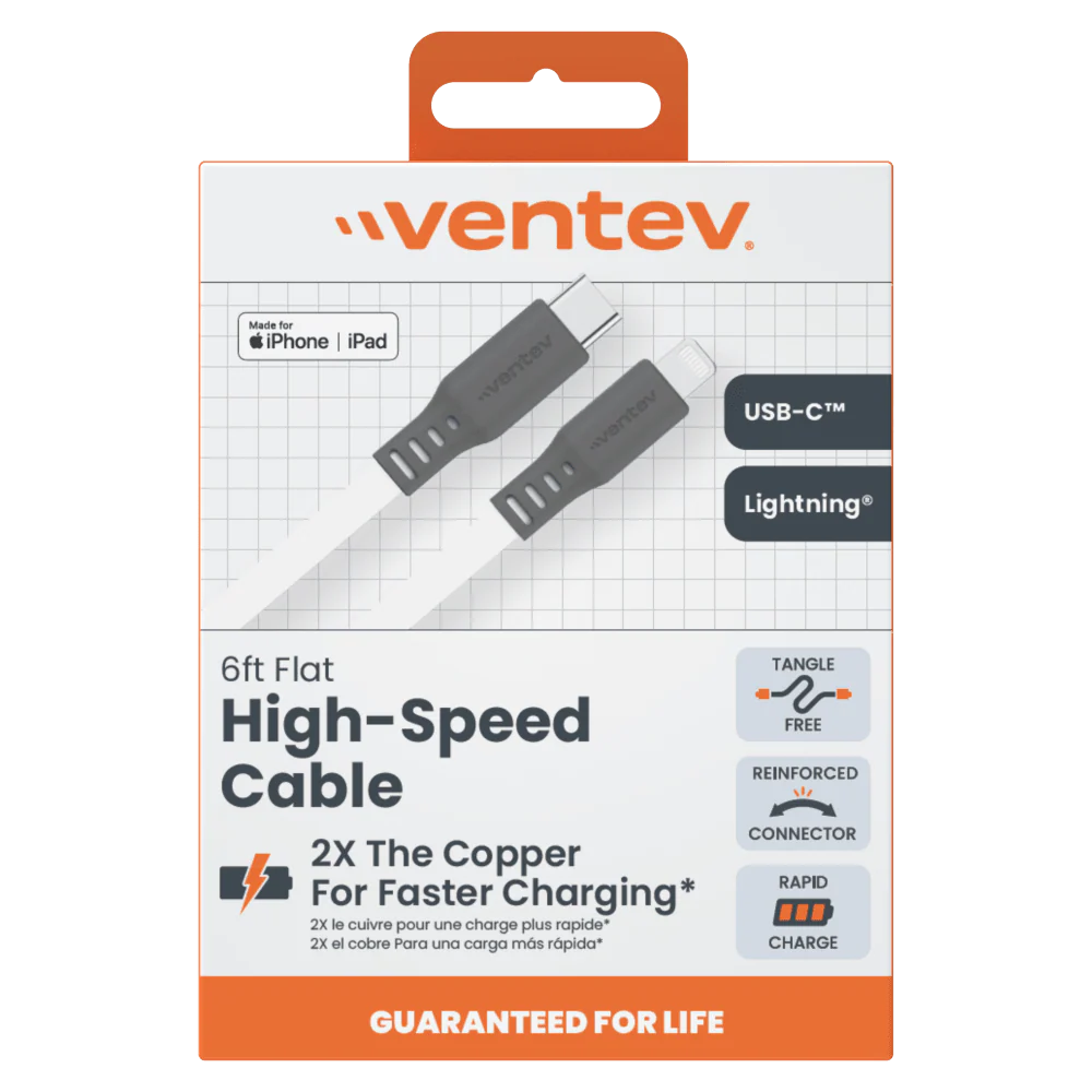 Ventev Flat USB-C to Apple Lightning High Speed Tangle-Free 6 Foot Cable - Image 8